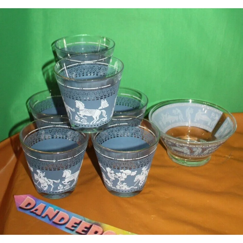 7 Pc Pattern Hazel Atlas Arabian Knights Wegewood Cups And Bowl Blue White